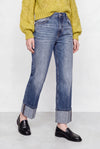 Jeans da donna a vita alta con risvolto e borchie - Pantalone Denim ENIO