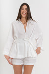 Camicia da donna in cotone con scollo a V e cintura - Camicia HULAYX